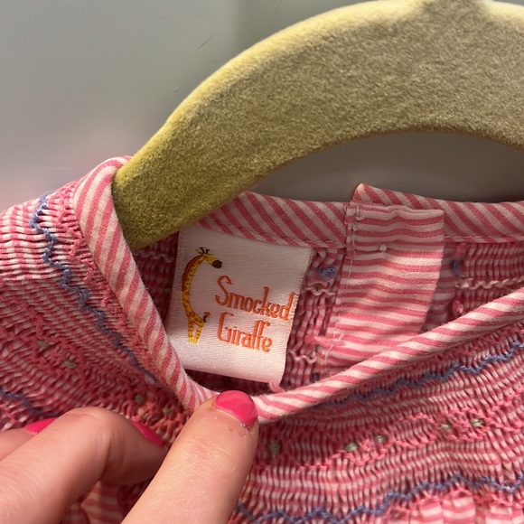 Smocked Giraffe pink and white striped dress with tiny rosebud detail smocking - Picture 3 of 5